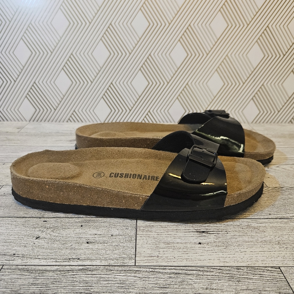 Cushionaire Slide Sandals Black Patent Leather Size 9